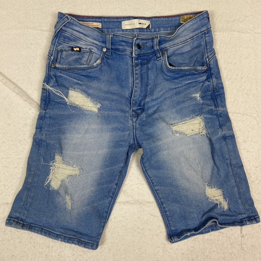 GAS Essential Mens Exclusive Italian Selvedge Distressed Denim Shorts Light Wash